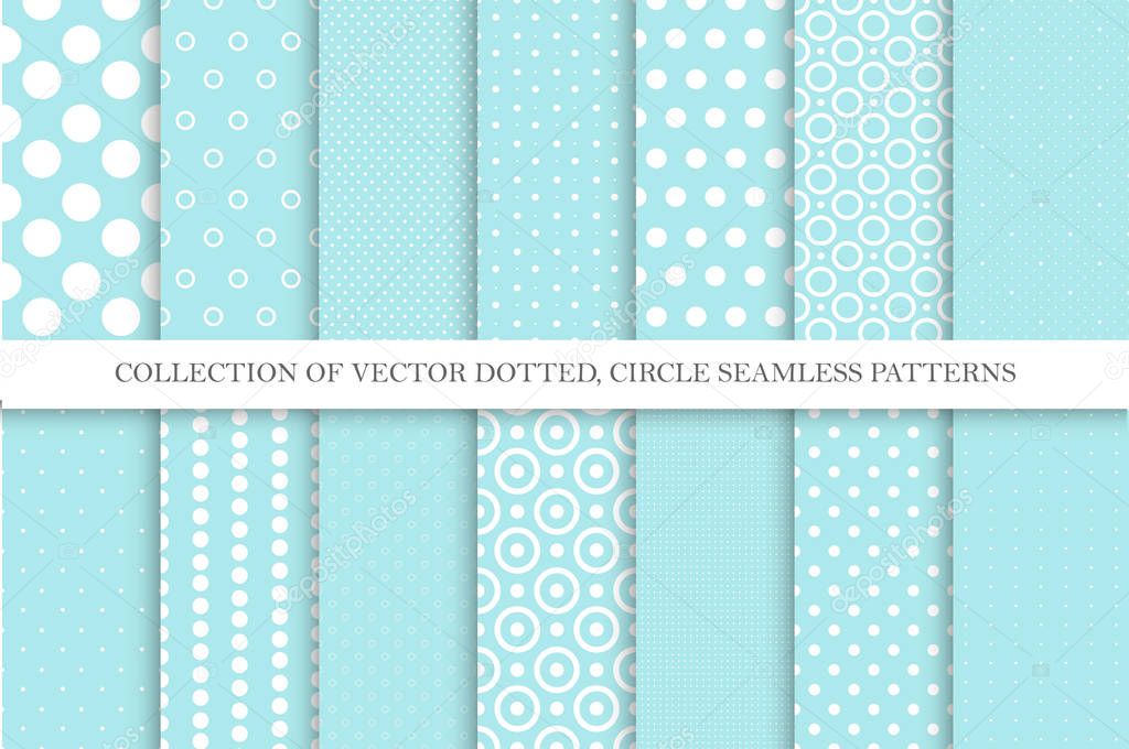 Collection of cute polka dot seamless vector patterns in turquoise colors. Aqua blue dotted textures. Geometric design