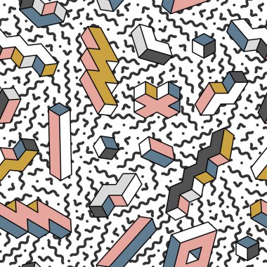 Geometrik 3d şekiller ile modern dikişsiz trendy desen - tekrarlanabilir renkli tasarım. Retro moda tarzı 80-90s