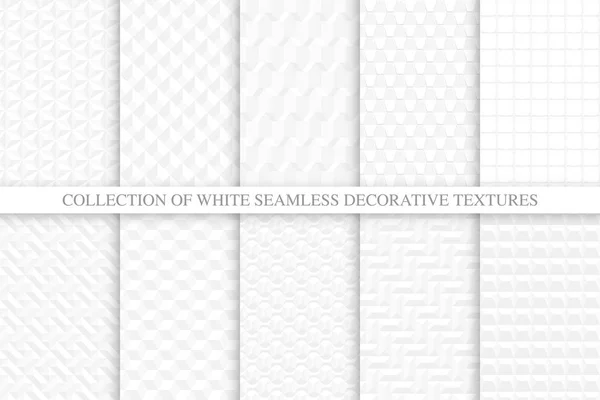 Коллекция белых и серых бесшовных декоративных текстур. Геометрические повторяющиеся фоны. Бесконечные трёхмерные шаблоны — стоковый вектор