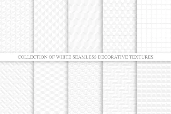 Collectie van witte en grijze naadloze decoratieve texturen. Geometrische reproduceerbare achtergronden. Tegel eindeloze 3D-patronen — Stockvector