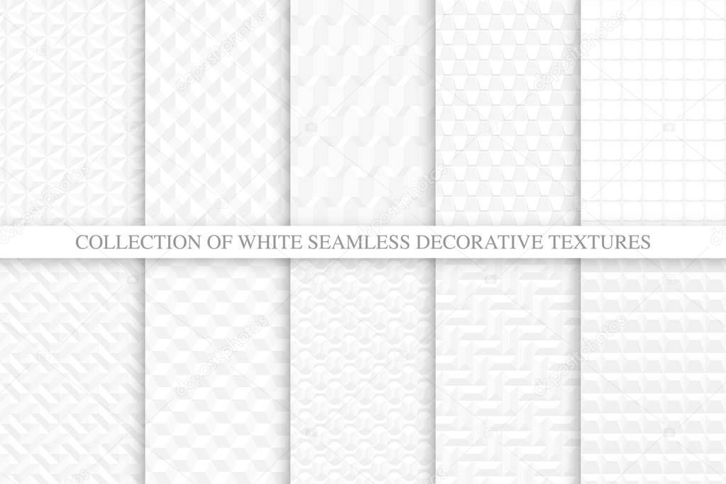 Collection of white and gray seamless decorative textures. Geometric repeatable backgrounds. Tile endless 3d patterns