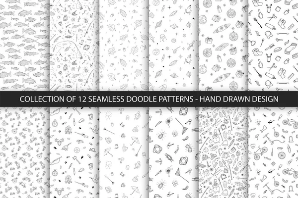 Set van naadloze hand getekende patronen in doodle stijl. Creatieve herhaalbare tekenen contour achtergronden — Stockvector