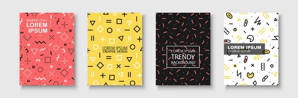 Brochure colorée tendance avec des formes géométriques, design memphis - mode rétro style 80-90. affiches élégantes créatives, bannières, modèles, cartes, couvertures — Image vectorielle