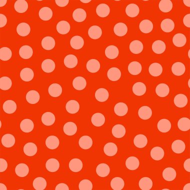 Vektör pürüzsüz basit renkli desen. Rastgele düzenlenmiş daireleri olan parlak, şık bir doku. Soyut kırmızı arka plan tekrarlanıyor. Moda çocuksu baskı