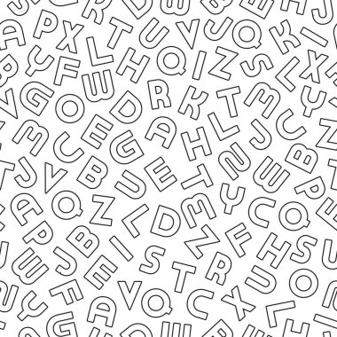 Siyah ana hatları Latince harflerle işaretlenmemiş vektör alfabesi deseni. Beyaz, tekrarlanabilir alışılmadık bir arka plan. Paket kağıdı, tekstil kapağı, duvar kağıdı ya da diğer tasarım ve fikirleriniz için kullanılabilir.