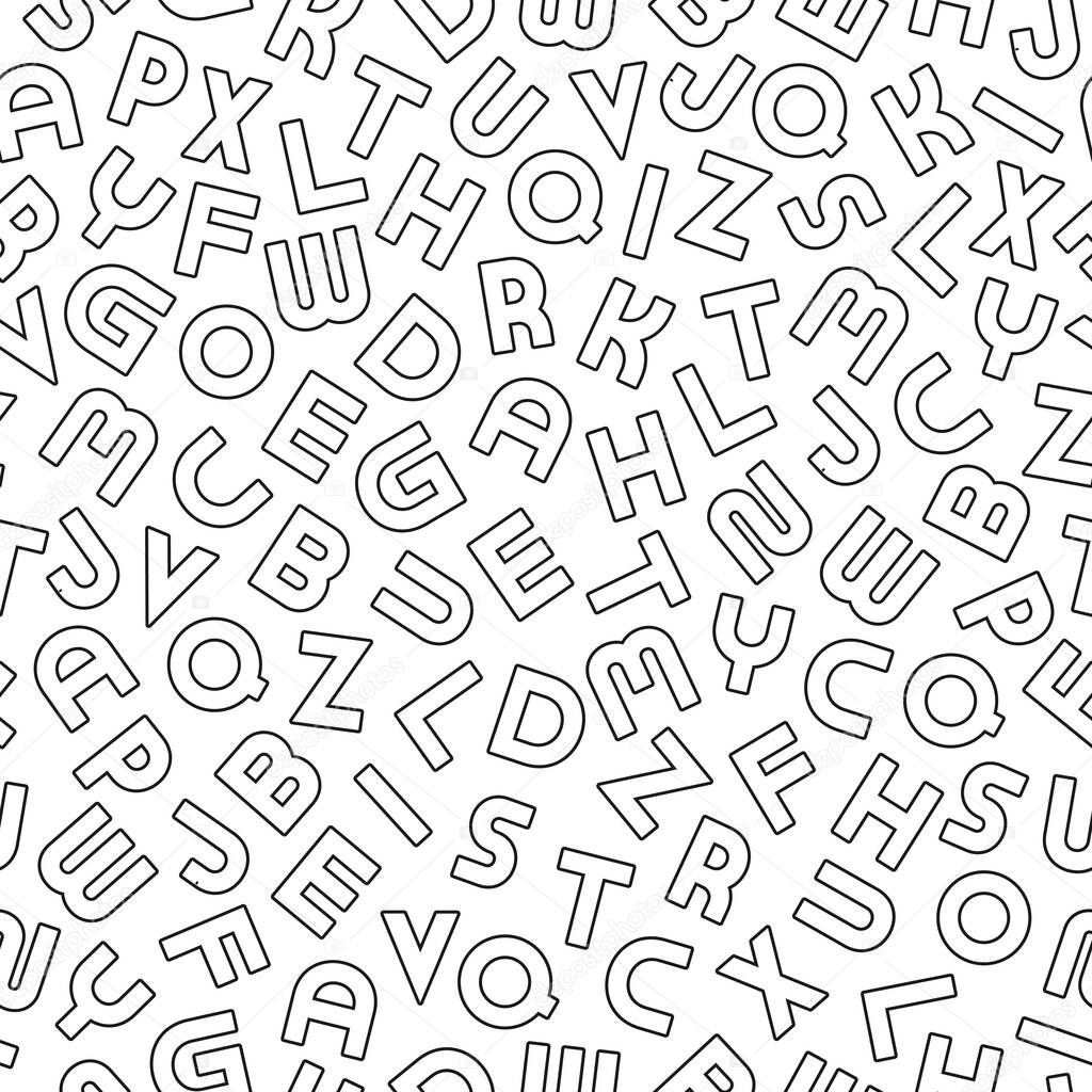 Vector seamless alphabet pattern with black outline latin letters. White repeatable unusual background. Can be used like wrapping paper, textile cover, wallpaper or for your other design and ideas