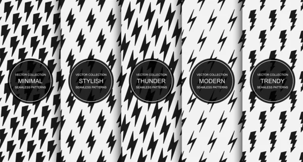 Set of vector cartoon seamless patterns with flash lightning prints. Black and white endless design. Abstract repeatable thunderbolt backgrounds — Stock Vector