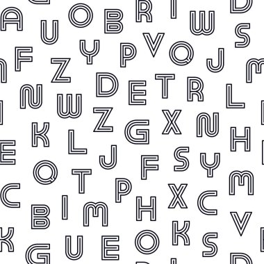Siyah Latin harfli basit, pürüzsüz bir şekil. Beyaz, tekrarlanabilir alışılmadık bir arka plan. Minimalist moda tasarımı. Çizgili İngiliz alfabesi arkaplanı