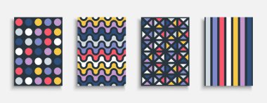 Soyut renkli retro kapaklar, şablonlar, posterler, pankartlar, broşürler, afişler, el ilanları vs. Artistik moda, parlak arka planlar. Moda geometrik canlı tasarım 80-90 'lar