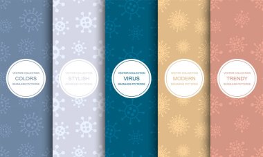 Bir dizi vektörsüz geometrik virüs desenleri - renkli tasarım. Moda bakteriler tekrarlanabilir arka planlar. Parlak tekstil sonsuz dokular. Coronavirus, ncov, covid - 19 sanat
