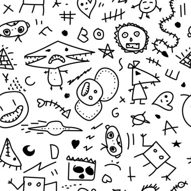 Vektörsüz karalama kalıbı. El çizimi karikatür çizimi. Çocuksu arkaplanı çizerek tekrarlamak. Siyah beyaz çizim