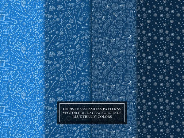 Set of vector seamless christmas patterns - hand drawn design. Stylish drawing textures. Holiday endless blue backgrounds in doodle style — Stock Vector