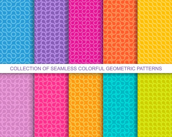 Coleção de vetor brilhante padrões ondulados geométricos sem costura coloridos - design criativo. Fundos encaracolados vibrantes, infinitas texturas de curva —  Vetores de Stock