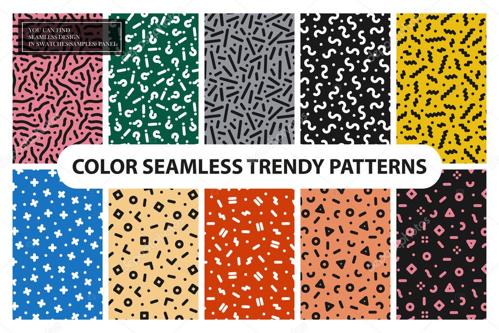 Collection of colorful repeatable trendy patterns. Retro style - fashion 80-90s. Textile mosaic textures - endless backgrounds. You can find seamless design in swatches panel