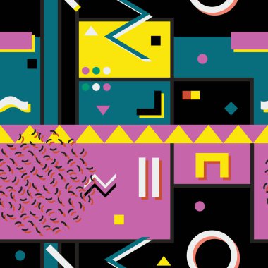 Yaratıcı geometrik şekilli, soyut, kusursuz vektör deseni. Canlı moda tasarımı. Moda modası 80-90 'lar. Bright memphis backgrond