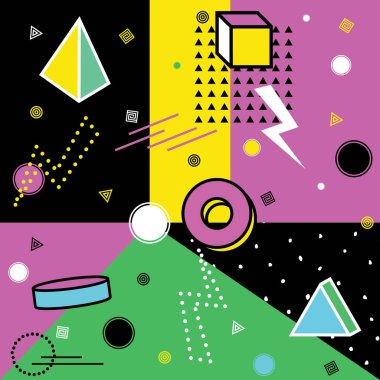 3 boyutlu geometrik şekilli vektör titreşimli desen. Parlak soyut tasarım. Retro memphis tarzı, moda 80 - 90 'lar