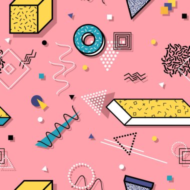 Memphis 3 boyutlu geometrik şekilli kusursuz vektör deseni. Moda tarzı 80-90 'lar. Parlak moda tasarımı