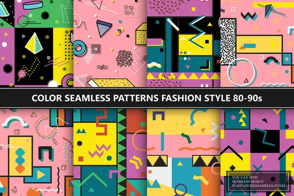 Collection of colorful abstract seamless patterns with creative geometric shapes. Memphis design, fashion retro style 80 - 90s. Artistic trendy bright backgrounds — Stock Vector