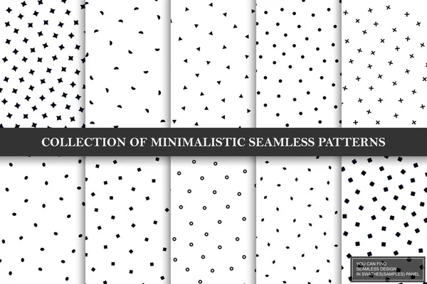 Verzameling van vector minimalistische naadloze patronen. Eenvoudige zwart-wit texturen met geometrische vormen. Herhaaldelijk trendy achtergronden — Stockvector