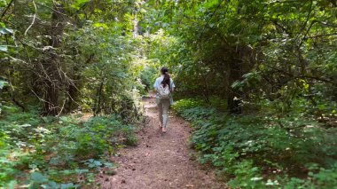 Genç bir kadın yaz ormanında patika boyunca gidiyor. Sırt çantalı bir kadın vahşi doğada patikaların arasında yürüyor. Tanınmayan bir kız dışarıda gezmekten zevk alıyor. Manzaraya hayran kalıyor. Kapat.