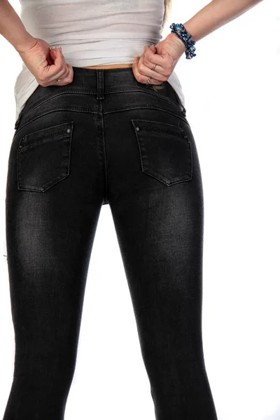 Närbild Kvinnors Jeans Olika Poser Isolerad Vit Bakgrund Studio — Stockfoto