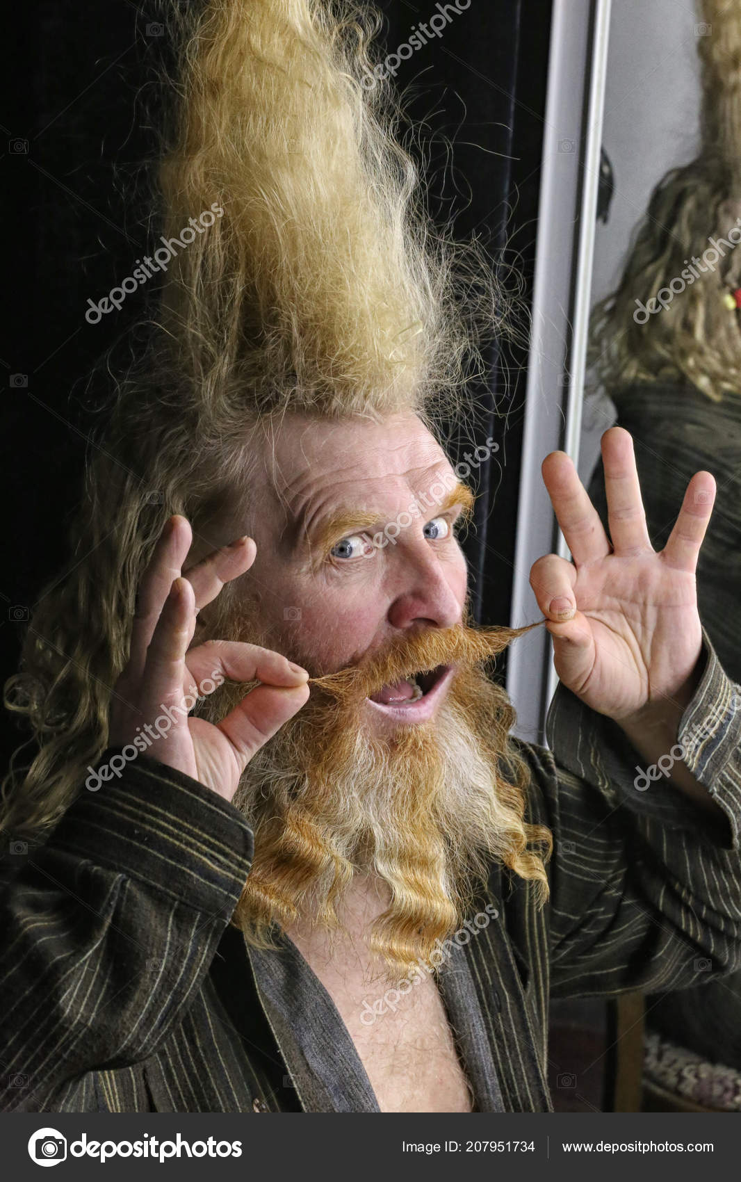 Closeup Portrait Adult Red Haired Man Long Wavy Hair Beard Stock