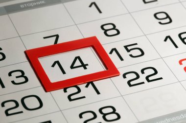 makro doku arka plan sayfa takvim tarihi 14 seçili kırmızı işaretçisi ile