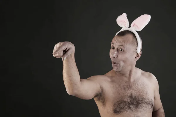 Funny Portrait Man Pink Rabbit Ears Gray Background Studio — Stock Photo, Image