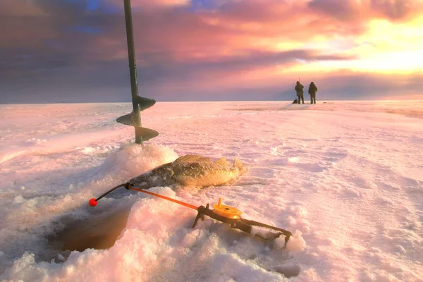 Close Boer Fishing Rod Fish Ice Hole Winter River Sunny — Stock Photo, Image