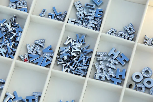 Closeup Metal Letters Russian Alphabet Magnets Box — Stock Photo, Image