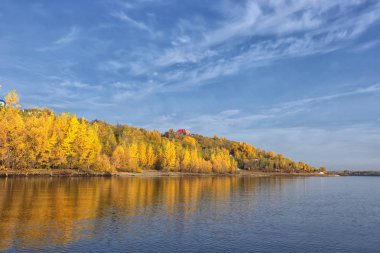 Panoramik manzara nehir ve sonbahar orman yüksek banka ile.
