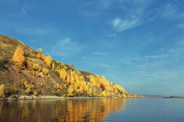 Panoramatický Krajinu Řekou Podzimní Les Vysoký Břeh — Stock fotografie
