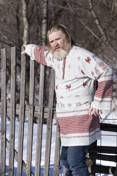 Slavic Man Beautiful National Painted Shirt Spring Day Earth — Stock Photo, Image