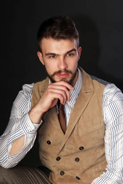 Closeup Portrait Beautiful Charismatic Young Man Beard Wearing Pants Shirt — Stock Photo, Image