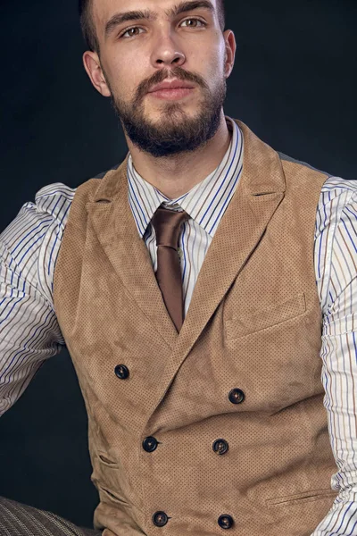 Closeup Portrait Beautiful Charismatic Young Man Beard Wearing Pants Shirt — Stock Photo, Image