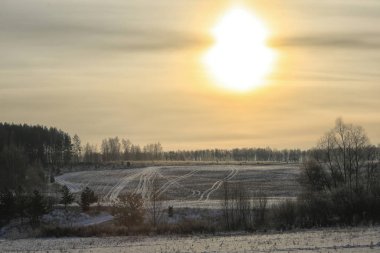 Sunrise karla kaplı alan ve ağaçlar üzerinde kış manzarası