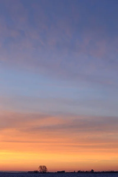 Winterlandschaft Scharlachroter Sonnenuntergang Himmel Über Einem Feld — Stockfoto