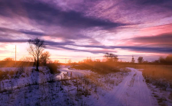 Paisagem Inverno Rosa Brilhante Pôr Sol Roxo Nos Subúrbios — Fotografia de Stock