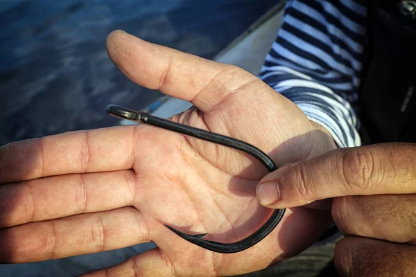 Gancho Pesca Macro Grande Sobre Fondo Palma Pescador — Foto de Stock