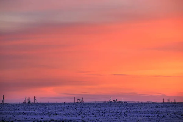 Paysage Hivernal Ciel Écarlate Coucher Soleil Sur Champ — Photo