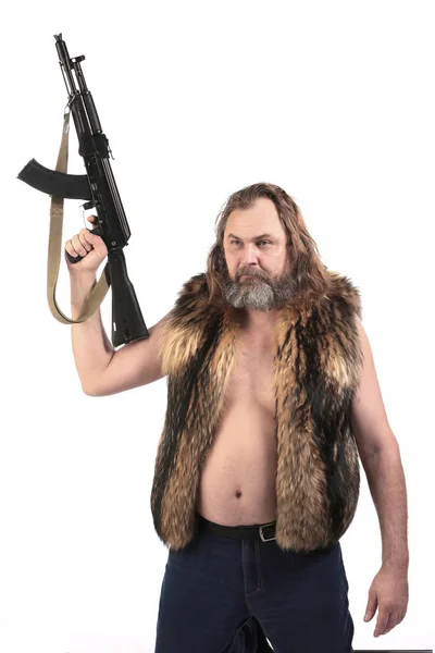 Портрет Крупным Планом Угрожающий Человеку Пистолетом Белом Фоне Студии — стоковое фото