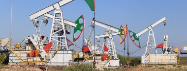Yazın güneşli bir günde bir tarlada petrol pompalanıyor.