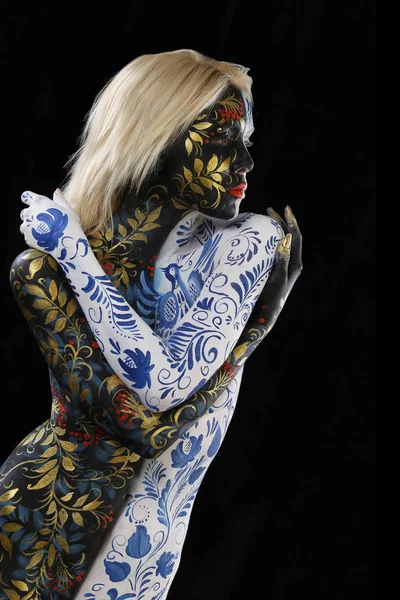 Body Art Portré Egy Lány Stílus Khokhloma Gzhel Egy Fekete — Stock Fotó