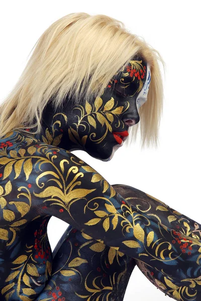 Body Art Portrait Girl Style Khokhloma Gzhel White Background Studio — Stock Photo, Image