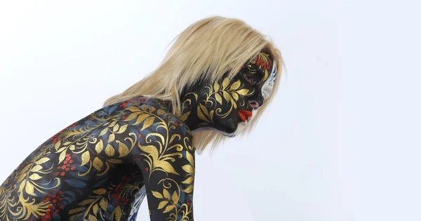 Body Art Portrét Dívky Stylu Chochlomské Gželský Bílém Pozadí Studio — Stock fotografie