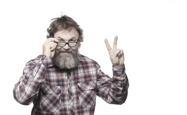Närbild Porträtt Vuxen Man Med Ett Skägg Och Glasögon Vit — Stockfoto
