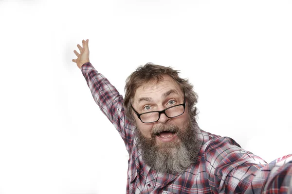 Retrato Primer Plano Hombre Adulto Con Barba Gafas Estudio Fondo — Foto de Stock