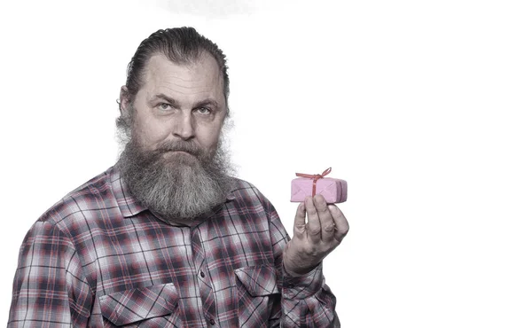 Nahaufnahme Porträt Eines Erwachsenen Mannes Mit Bart Schenkt Ein Geschenk — Stockfoto