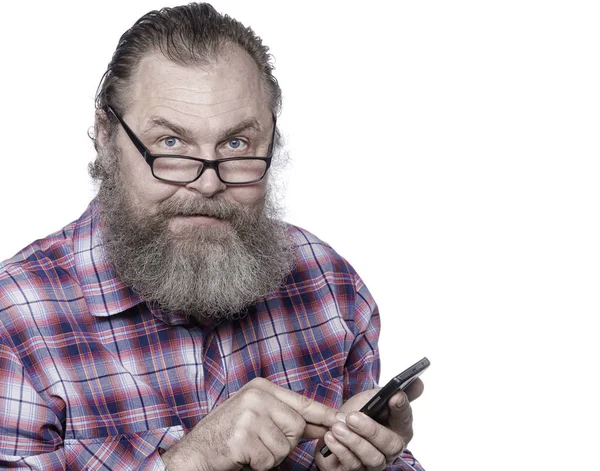Närbild Porträtt Vuxen Man Med Ett Skägg Ringer Mobiltelefon — Stockfoto