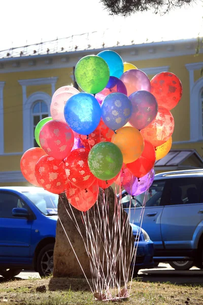 Närbild Ett Gäng Färgglada Ballonger Bakgrunden Träd Sommar Park — Stockfoto